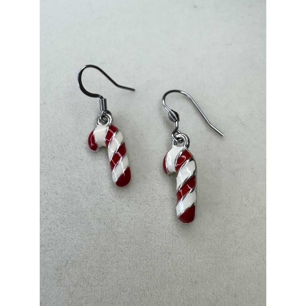Sterling Silver Rhinestone Christmas Candy Cane Dangle Earrings Red White NWOT